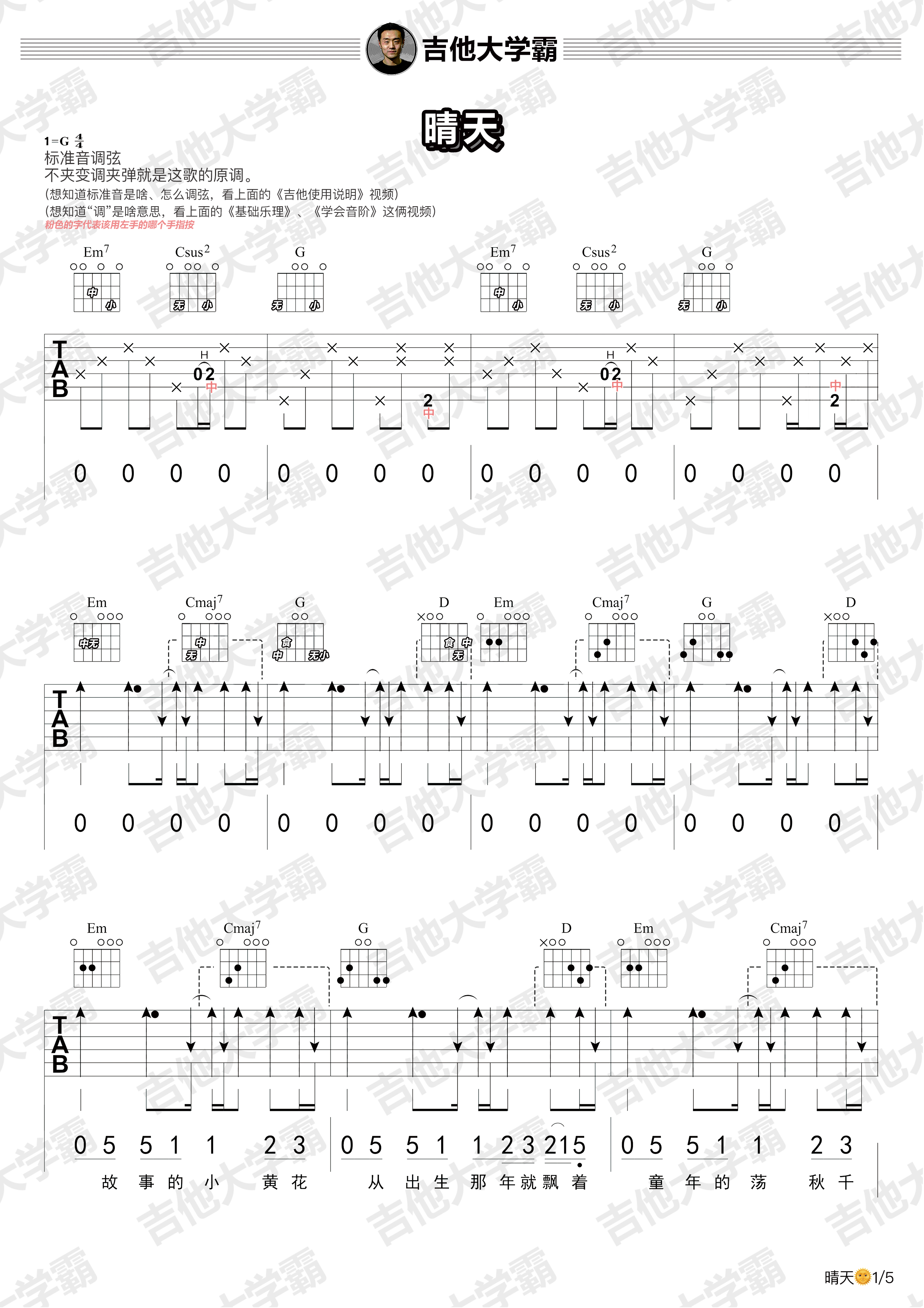 【入门必学】完整版｜晴天 周杰伦「吉他弹唱谱+教学视频+知识点」前奏和全部讲解自学