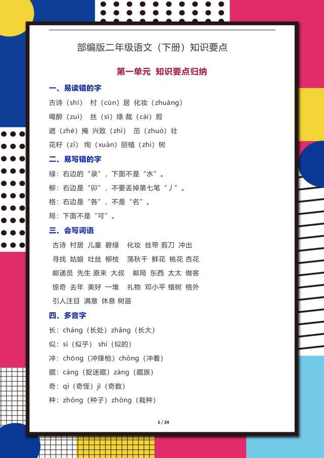 二年级下册语文基础知识汇总：一学期知识都在这里，每天看一看